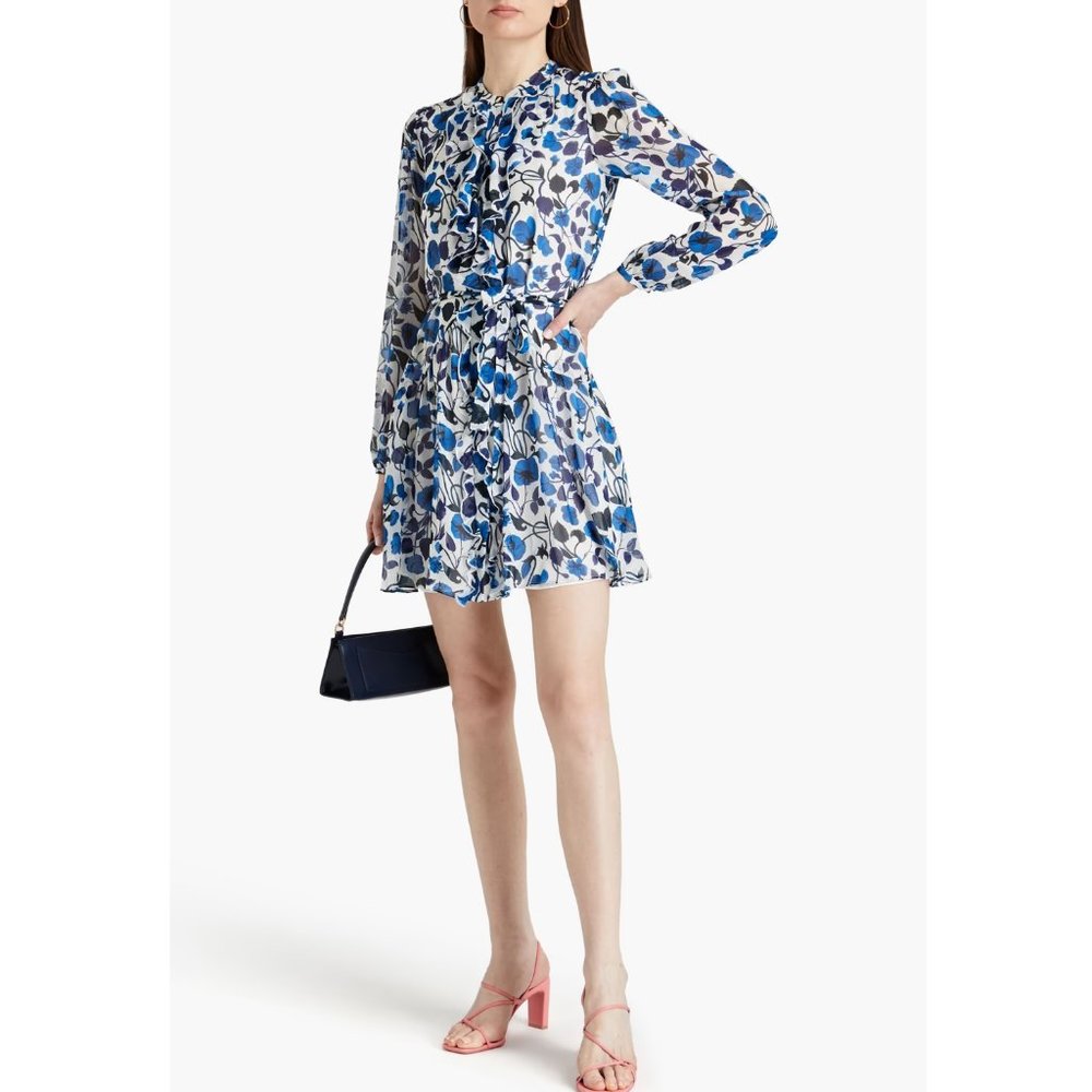 SALONI Tilly Gathered Floral Silk Chiffon Mini Dress / Size 2 / Blue Ruffle
